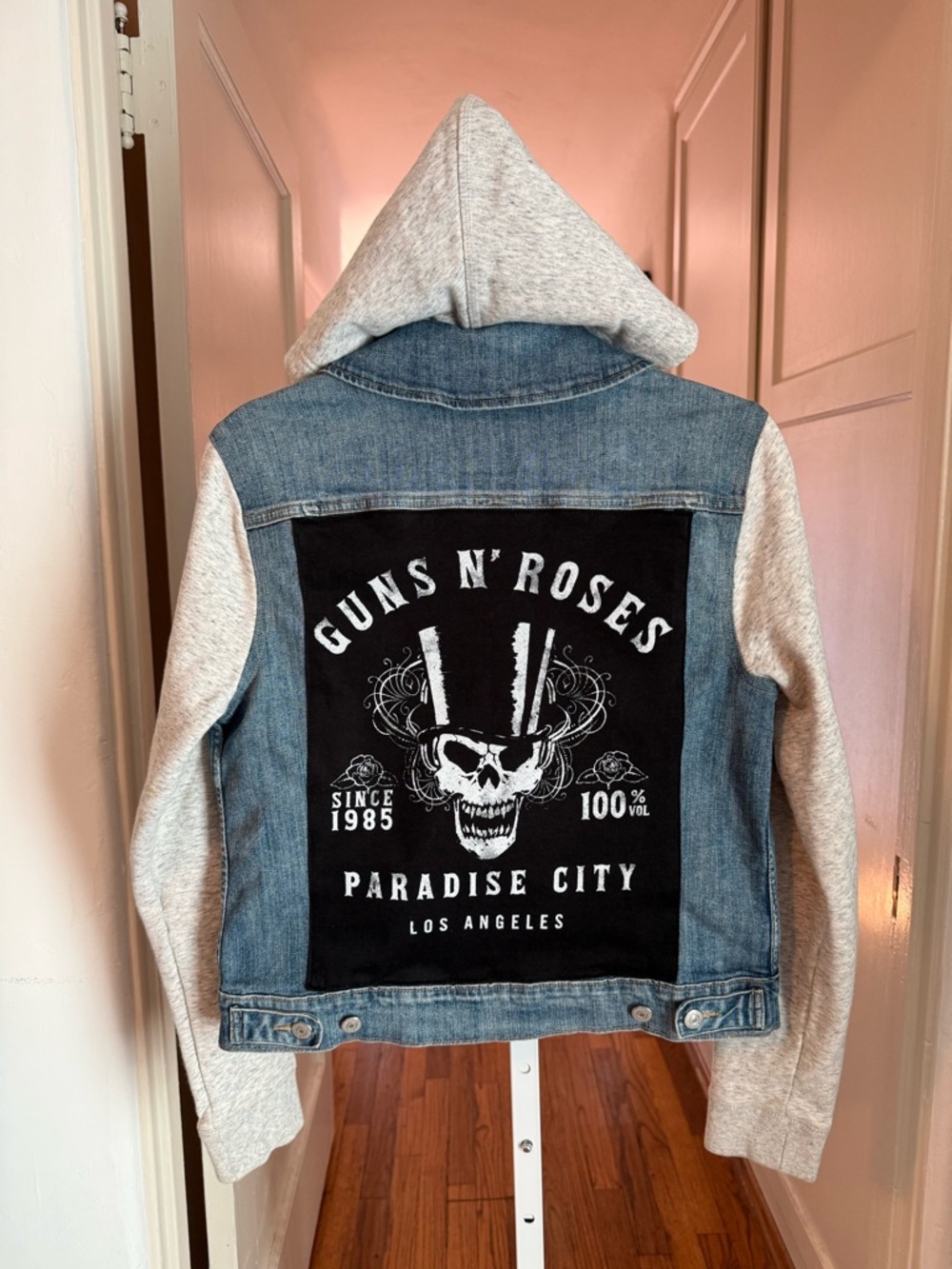 Custom Levi's Blue Denim Jacket with Gray Hoodie Sleeves - Guns N' Roses Patch